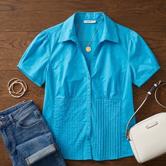Ricki's Tops - Ricki’s 18 Blue Pintuck Pleated Button Down Blouse Short Sleeve Stretch Workwear